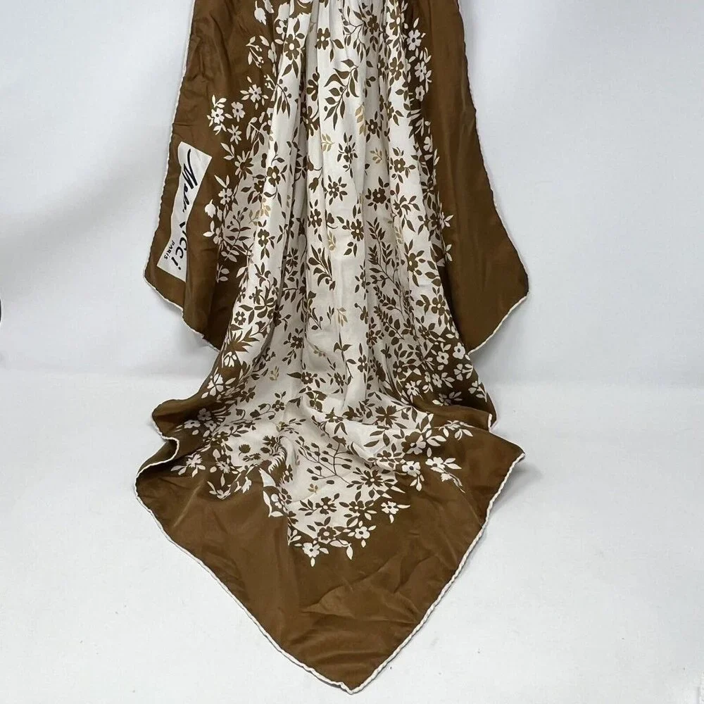 Melle Ricci Square Scarf 100% Silk Brown Cream Gold Floral Bandanna 31